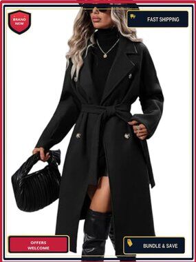 Wool Blend Pea Coat Double Breasted Notched Lapel Knee Length Winter Coat